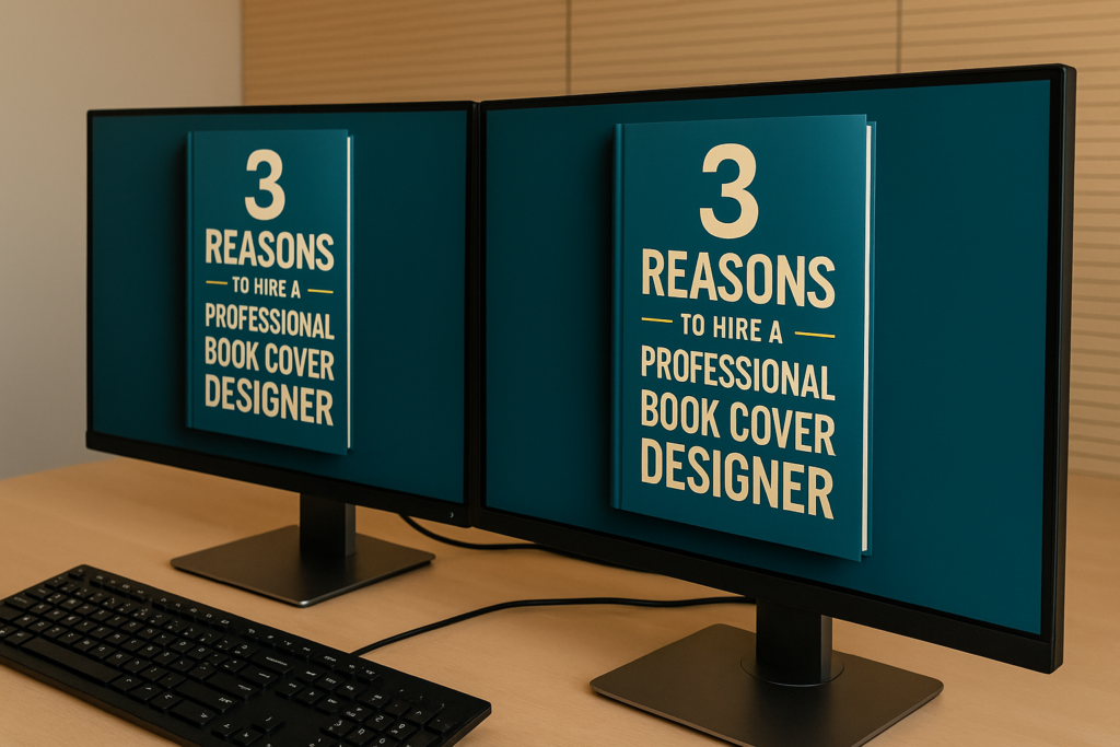 Twee beeldschermen tonen een digitale opmaak van een boekcover met de tekst: “3 Reasons to Hire a Professional Book Cover Designer” in een moderne kantooromgeving.