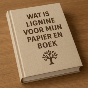 Hardcover boek met de titel “Wat is lignine voor mijn papier en boek” in bruine hoofdletters, gedrukt op een natuurlijk ogende kraftkartonnen omslag, met daaronder een eenvoudig boomlogo. Het boek ligt op een houten tafel.