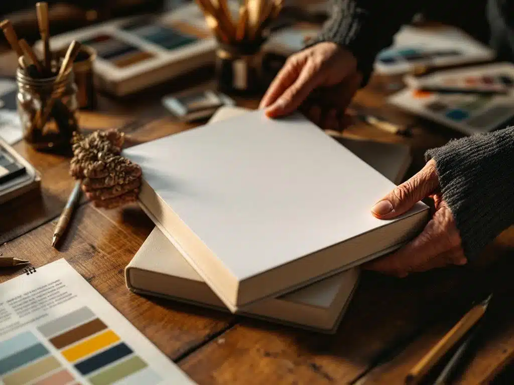 Handen plaatsen witte boekomslag op hardcover boek op houten bureau met ontwerpgereedschappen en kleurenstalen