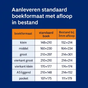 Tabel met standaard boekformaten en bijbehorende afmetingen inclusief 3 mm afloop per formaat.