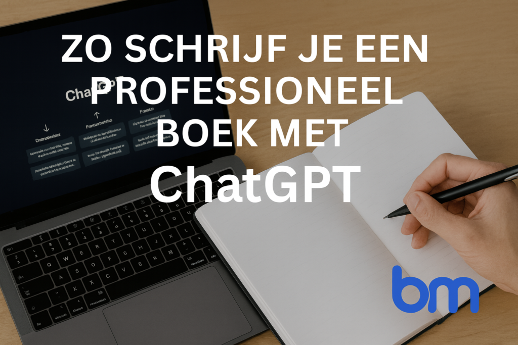 Professioneel een boek schrijven met ChatGPT – AI schrijfcoach illustratie met laptop, notitieboek en bm-logo.