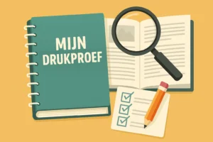 Illustratieve weergave van het controleren van een drukproef met vergrootglas en checklist.