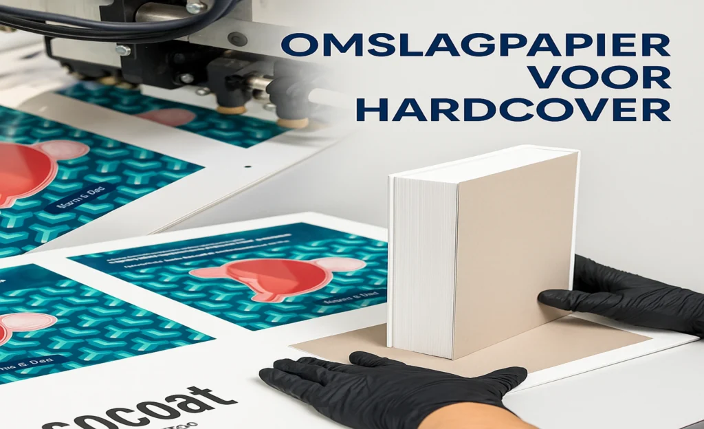 Omslagpapier voor hardcover boeken wordt bedrukt en met de hand om een boekblok gevouwen.