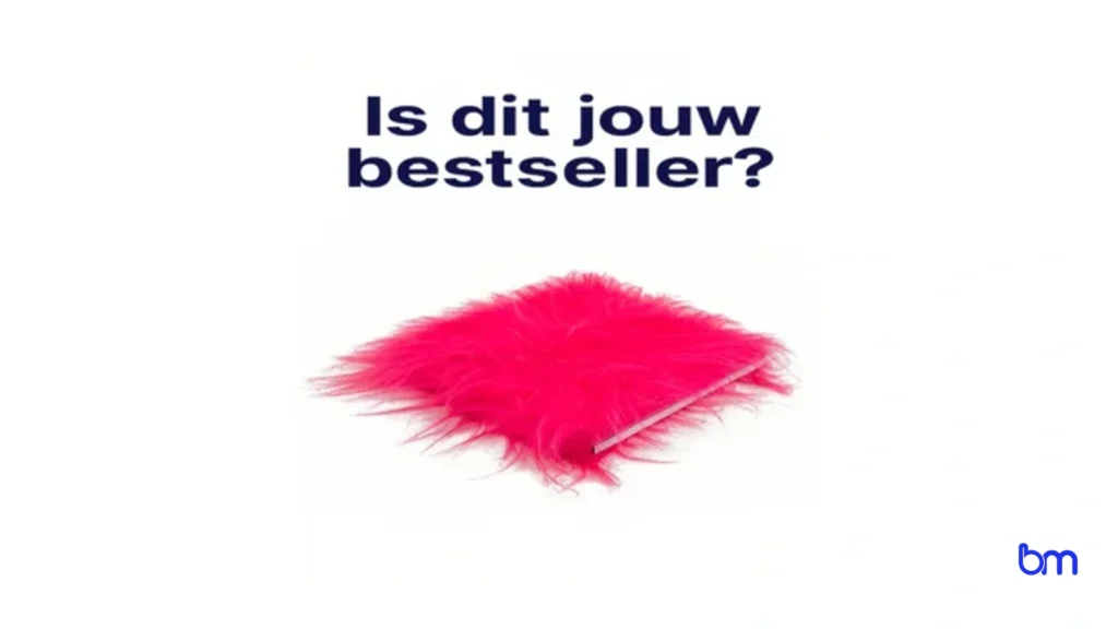 Liggende banner met de tekst “Is dit jouw bestseller?”, een felroze verenpluim op wit en het Boekenmakers-logo rechtsonder.