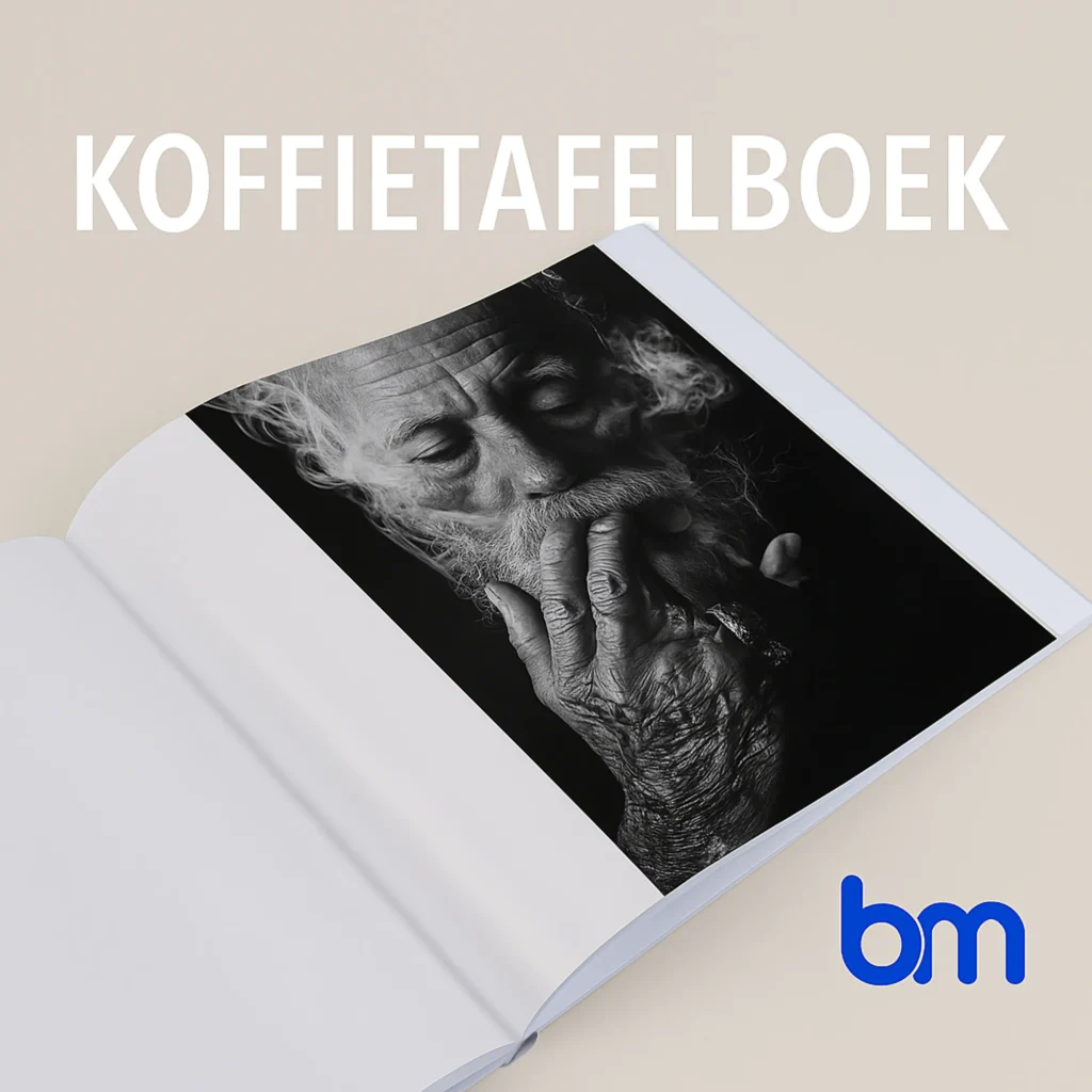 Luxe open boek met zwart-wit portret, bovenaan de tekst “Koffietafelboek” en rechtsonder het blauwe Boekenmakers-logo.