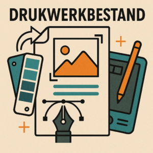 Gestileerde illustratie met grafische elementen zoals een papiervel, kleurstaal, pentool, tekentablet en de tekst “DRUKWERKBESTAND” in hoofdletters erboven.