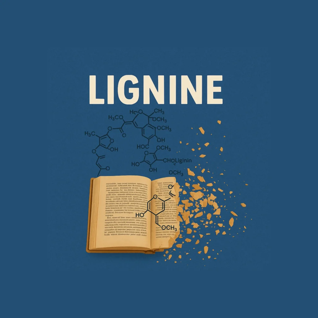 Illustratie van een open oud boek op een blauwe achtergrond, met het woord “LIGNINE” erboven in witte hoofdletters. Moleculaire structuren zijn over de pagina’s geplaatst en rechts van het boek vliegen brokstukken papier uiteen.