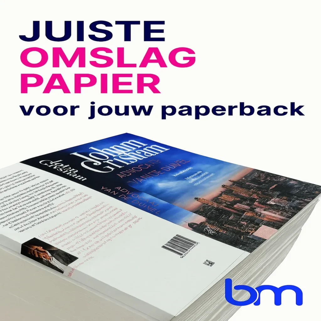 Boek met paperback omslag op een stapel, met tekst “Juiste omslagpapier voor jouw paperback” en Boekenmakers-logo rechtsonder.