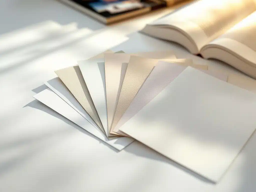 Zes verschillende papiermonsters in waaieropstelling met diverse texturen en afwerkingen op witte ondergrond
