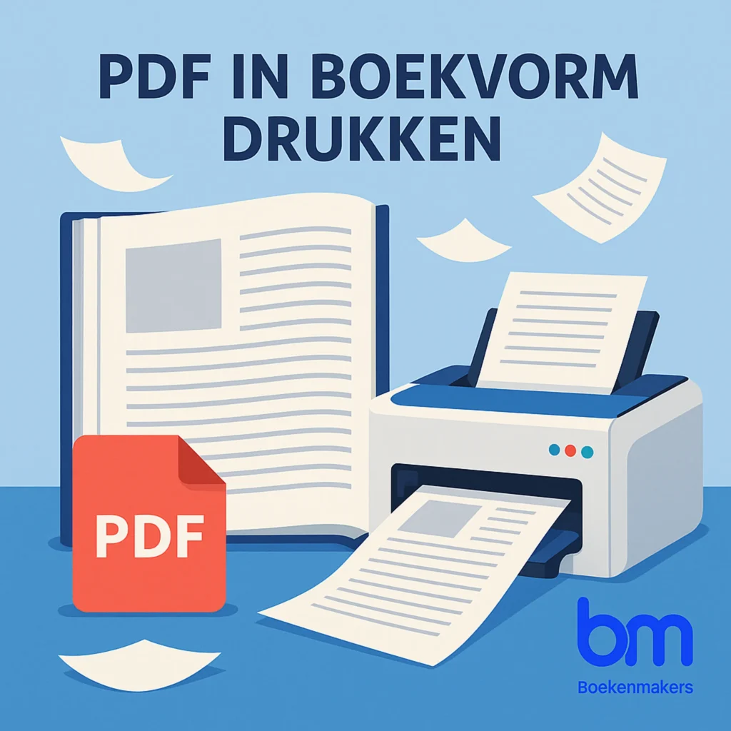 Illustratie van een printer die PDF-pagina’s afdrukt naast een open boek, met het Boekenmakers-logo rechtsonder en de titel “PDF in boekvorm drukken”.