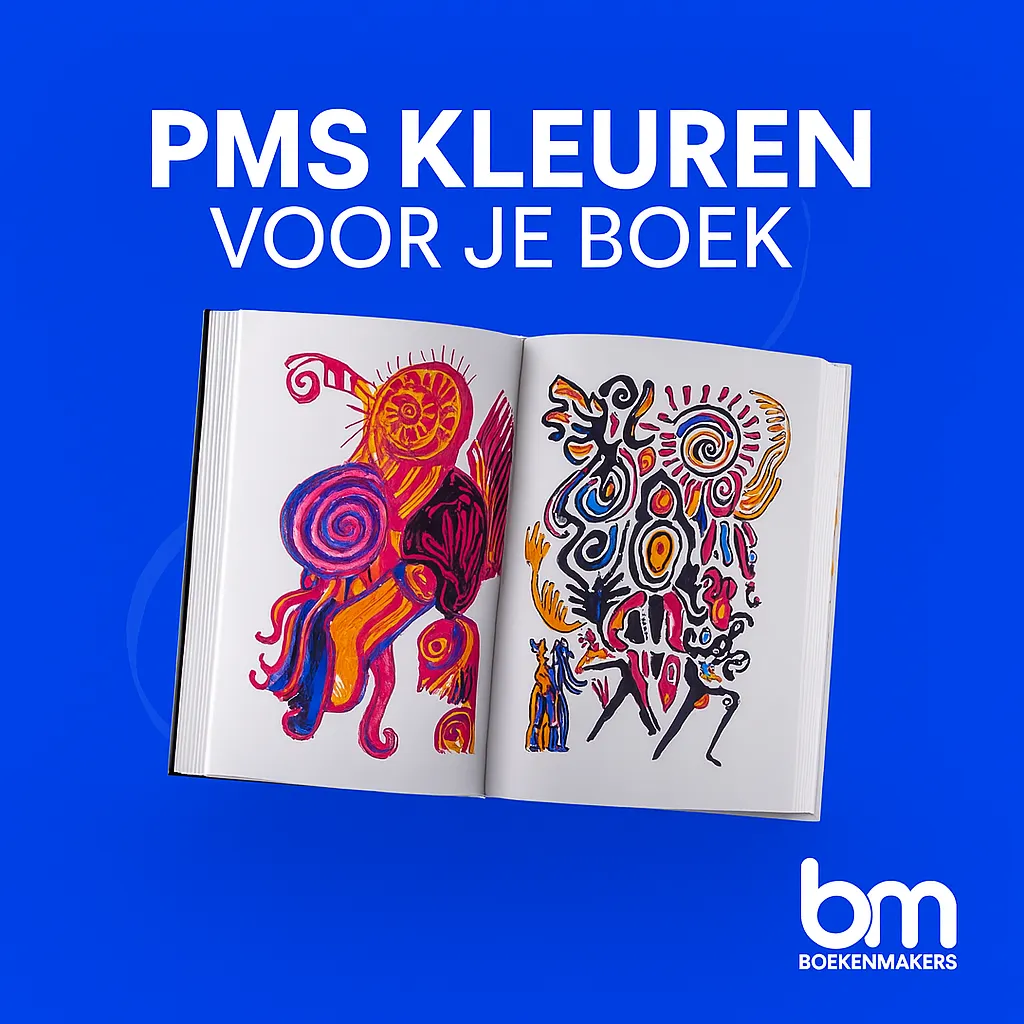 Infographic met PMS kleuren (rood, geel, blauw, oranje) en een kleurrijk boekontwerp – Boekenmakers