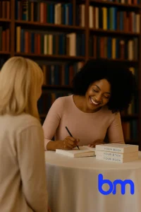 Auteur signeert haar boek tijdens een boekpresentatie in een bibliotheek of boekwinkel. Onderdeel van zelf je boek uitgeven.