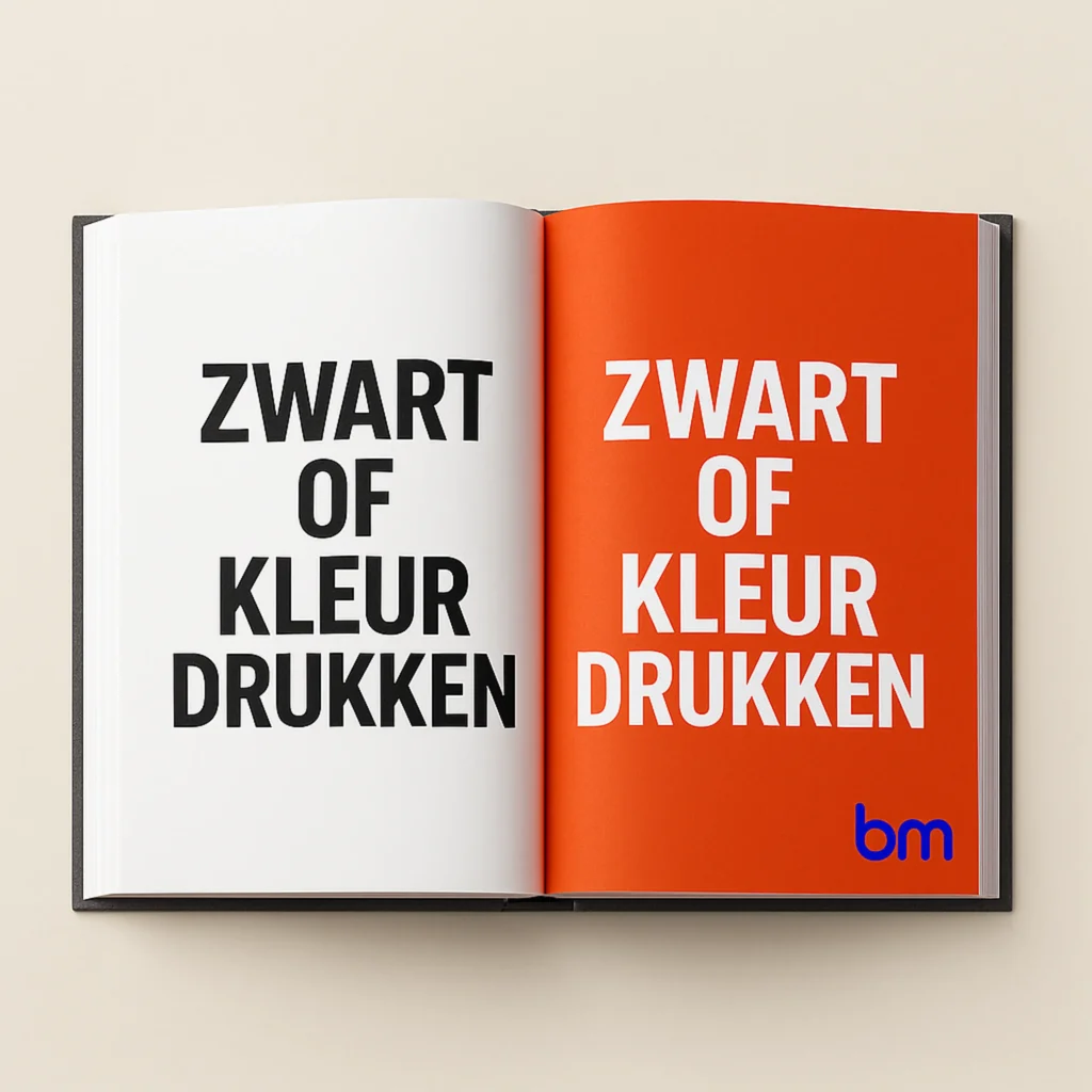 Open boek met op de linkerpagina de tekst ‘Zwart of kleur drukken’ in zwarte letters op wit, en op de rechterpagina dezelfde tekst in wit op fel oranje met het logo van Boekenmakers rechtsonder.
