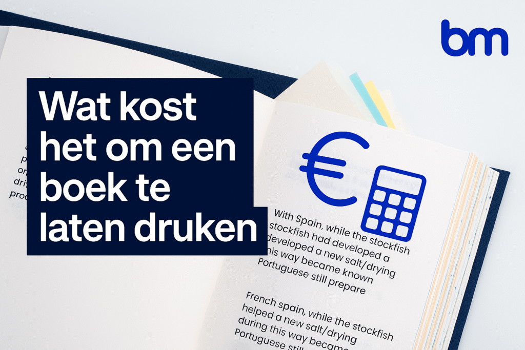 Afbeelding met open boek, Boekenmakers-logo en pictogrammen van euroteken en calculator, met de titel ‘Wat kost het om een boek te laten drukken’.