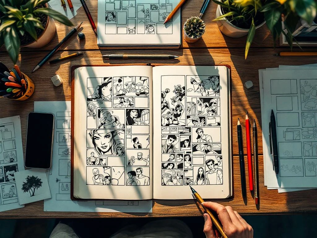 Bovenaanzicht van creatieve werkruimte met open graphic novel, tekengereedschap en schetsbladen op houten bureau