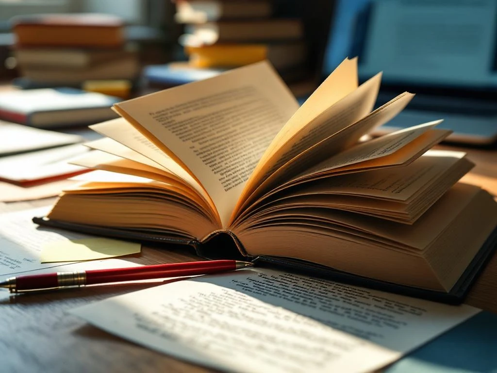Open boek met uitgewaaierde pagina's omringd door bewerkingstools zoals rode pen en plaknotities op houten bureau