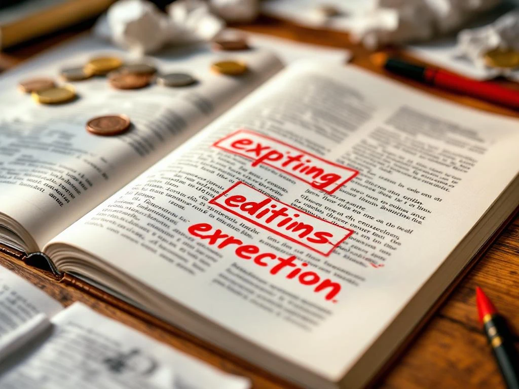 Open boek met rode correctiemarkering, pen en euro munten op houten bureau, symboliseert kosten van boekproductie