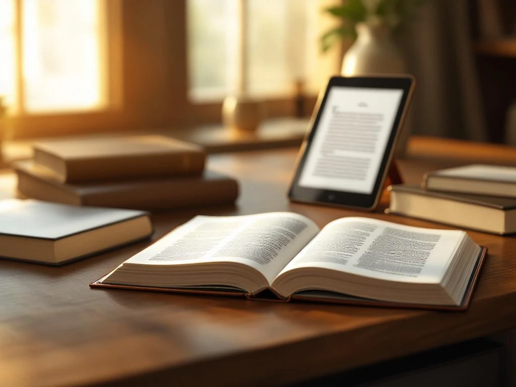Verschillende boekformaten op houten bureau: opengeslagen hardcover, paperback, e-reader en tablet met digitale boeken