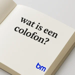 Open boek met de tekst “Wat is een colofon?” en het Boekenmakers bm-logo.