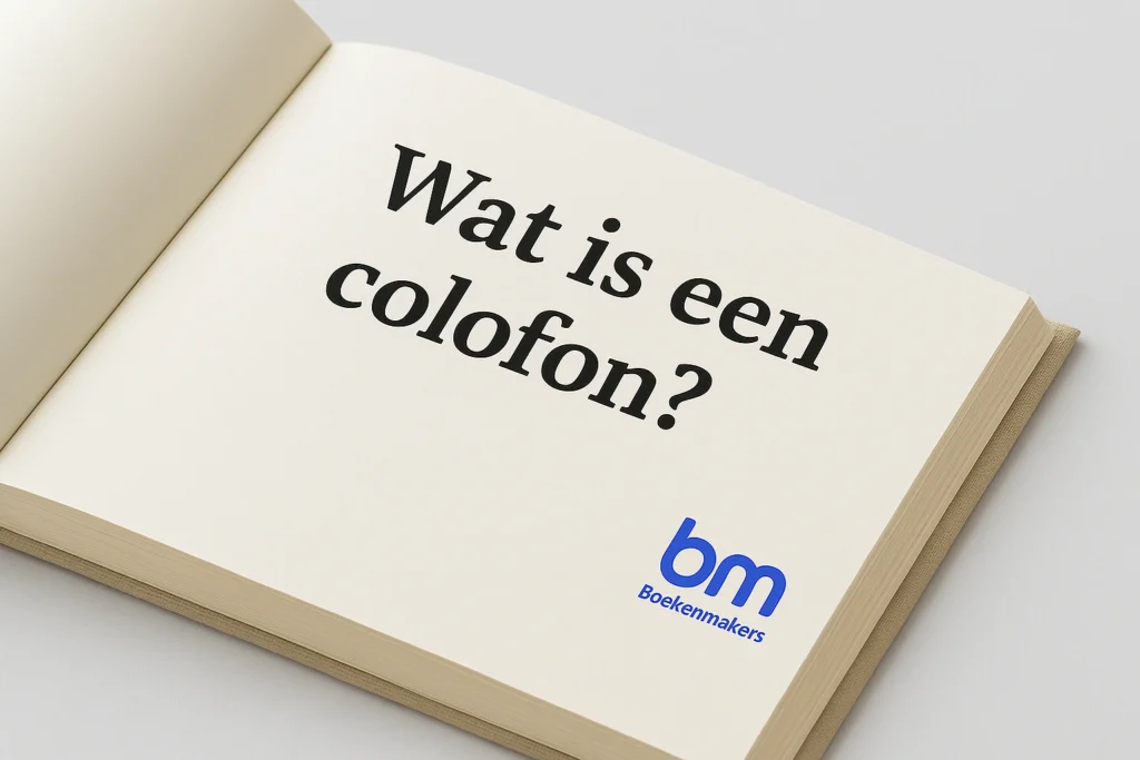 Liggende close-up van een open boekpagina met grote typografie “Wat is een colofon?” en het blauwe bm-logo van Boekenmakers rechtsonder.