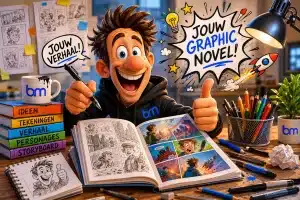 Vrolijk cartoonachtig Boekenmakers-mannetje werkt enthousiast aan een graphic novel tussen schetsen en tekenmaterialen.