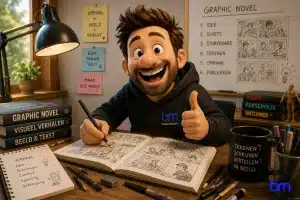 Vrolijk Boekenmakers-mannetje werkt aan een graphic novels aan een creatieve tekentafel.