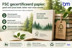     Open boek en stapel boeken op FSC gecertificeerd papier in natuurlijke omgeving met focus op duurzaam drukken.
